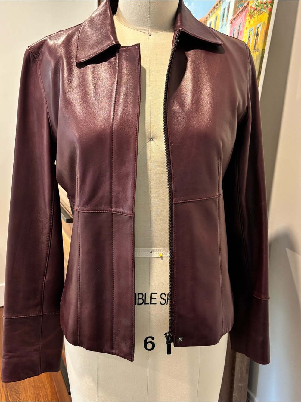 Ann Taylor Burgundy Leather Zip-Front Jacket